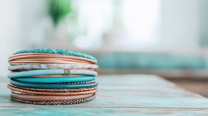 A visually appealing collection of colorful bracelets elegantly stacked on a rustic wooden surface, highlighting trends in fashion accessories and style.