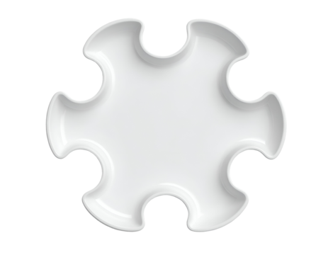 white ceramic plate shaped like round puzzle piece with curved edges, creative modern tableware for unique dining presentation, on isolated background
