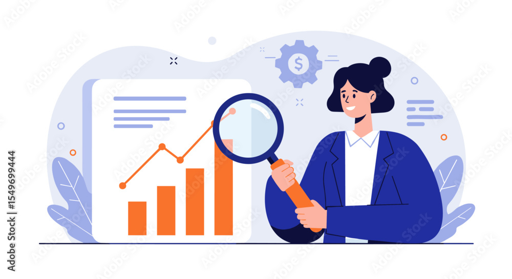 Poster business analytics concept with magnifying glass and bar chart - vector illustration for data analys