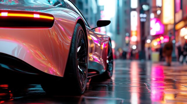 A sleek and stylish sports car parked on a colorful city street, showcasing urban nightlife, speed, and elegance, perfectly blending modern technology with aesthetics.