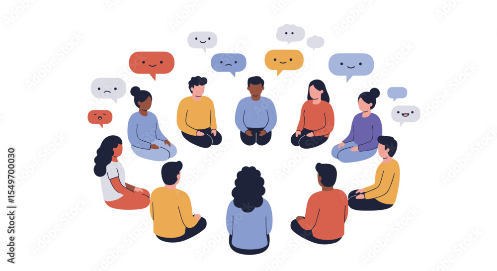 Poster diverse group in discussion circle with speech bubbles for teamwork and communication concept vector