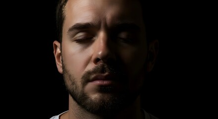 Obraz premium Man, Male, Portrait, Close-up Portrait of a Man with Eyes Closed in Shadow