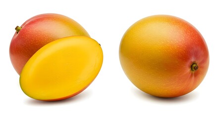 Mango, Mangoes, Fruit, Ripe Mangoes, Whole and Halved, Isolated on White Background