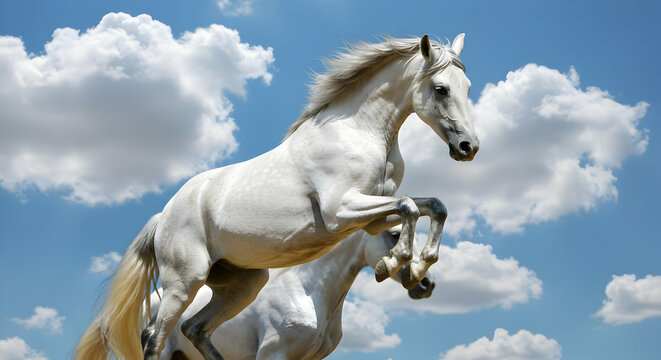 Majestic White Horses Leaping Against a Vivid Blue Sky with Fluffy Clouds Stunning Animal Photography