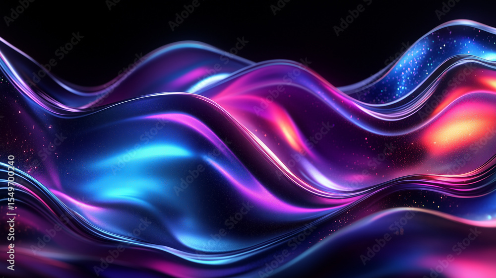 Poster iridescent wave pattern flowing in digital space with dark hues