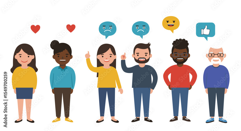 Poster diverse group of characters expressing emotions with speech bubbles - ideal for communication and em