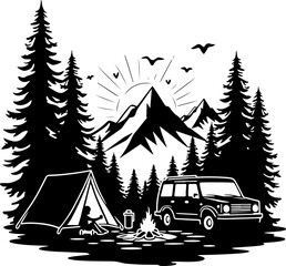 Hiking Man Scene with Tent, Campfire, SUV, and Mountains vector bundle