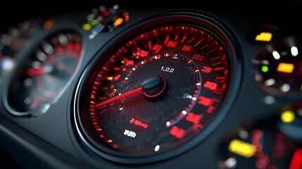 Close-up of a vehicle dashboard displaying a red warning light on the speedometer
