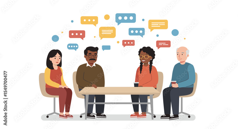 Poster diverse group discussion in a friendly setting with speech bubbles for communication design vector i