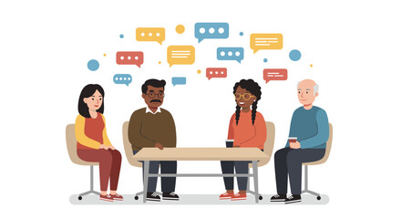 Fototapeta premium Diverse group discussion in a friendly setting with speech bubbles for communication design vector illustration