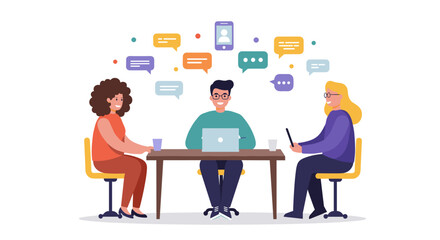 Obraz premium Collaborative team meeting with people working on laptops and devices in an office setting vector illustration