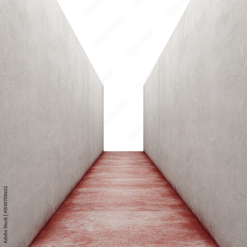 Poster narrow concrete corridor with red floor leading to unknown destination in minimalistic architectural