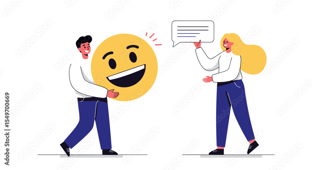 Poster cheerful communication concept with happy emoji and speech bubble for digital interaction design vec