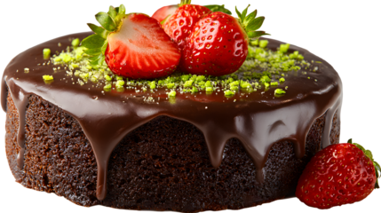 chocolate cake, dark chocolate icing, fresh strawberries