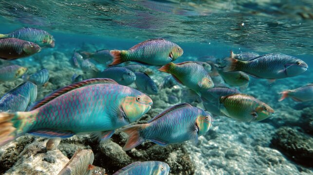 Emerald parrotfish amidst schools of silver sprat in softly blurred crystal-clear lagoon waters