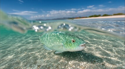 Fototapeta premium Emerald parrotfish amidst schools of silver sprat in softly blurred crystal-clear lagoon waters