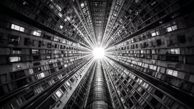Skyward Symphony: Captivating high-angle, black-and-white architecture shot of a towering urban apartment block creating a mesmerizing perspective. Emphasizing scale and verticality.