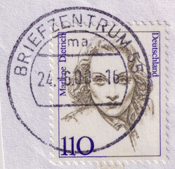 Actor Marlene Dietrich on a 1997 Germany vintage postage stamp. Women in German History Series.