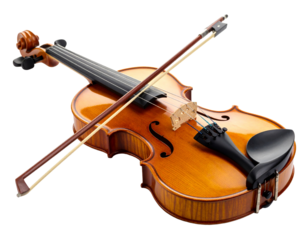 Violin and bow isolated on white, classical string instrument.