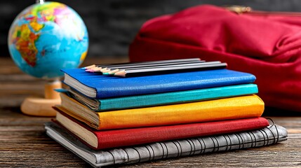 Schoolboy bedroom with colorful books, globe, and backpack on a wooden desk
