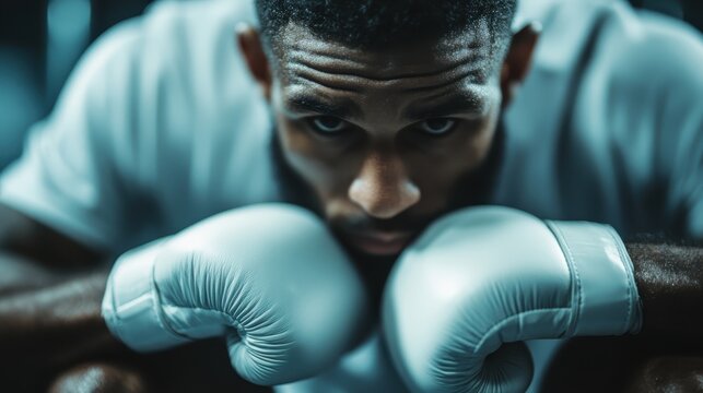 An intense image of a boxer concentrating with gloves on, showcasing determination and strength in a dramatic lighting setup within a gym setting, perfect for sports themes.