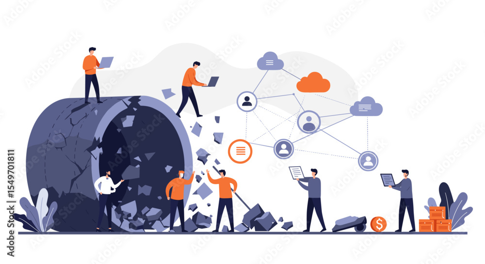 Poster digital transformation and data management visualization for network and cloud solutions vector illu