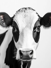 A black and white image depicting a half-cow, half-human hybrid with prominent human facial features on an otherwise typical cow body.