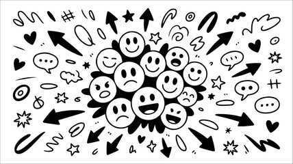 Black and White Doodle Illustration with Emotive Faces and Fun Symbols