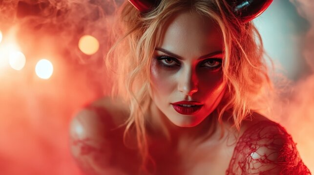 A striking woman with devil horns and a captivating gaze embodies a fierce and glamorous persona, enveloped in an alluring atmosphere of seduction and style.