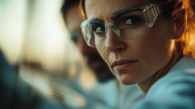 Close-up portrait of a focused scientist wearing glasses, conveying determination and innovation in a laboratory setting, showcasing the dedication to research and discovery.