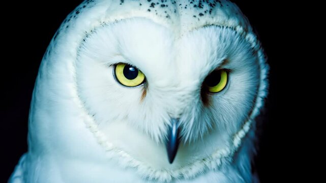 White owl, close up portrait, mysterious ghost-like owl face with intense yellow eyes looking into the camera, low contrast