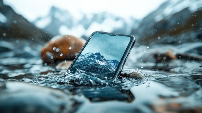 A creative shot of a smartphone submerged in water, reflecting a stunning mountainous landscape, symbolizing the intersection of technology and nature in a unique setting. - Powered by Adobe