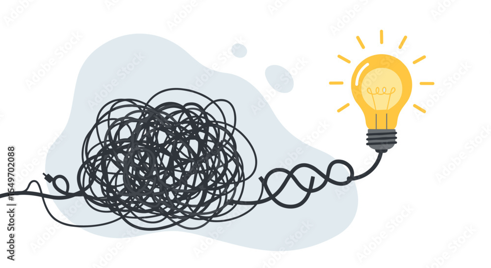 Poster creative problem solving concept with light bulb and tangled wire for inspirational design vector il