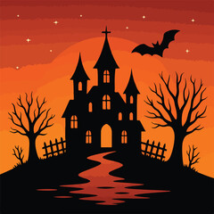 Haunted House Silhouette with Bat and Spooky Trees at Sunset

