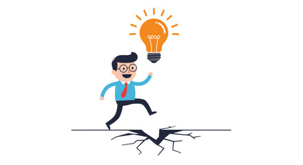 Innovative problem solving concept with light bulb and businessman crossing cracked ground vector illustration