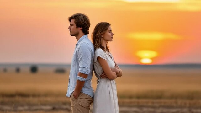 Sunset Dispute: A man and woman stand with their backs to each other, facing a vibrant sunset, conveying a sense of distance and unresolved conflict in their relationship.  