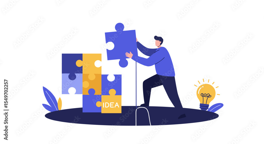 Poster problem solving concept with person assembling puzzle pieces in creative idea illustration vector il