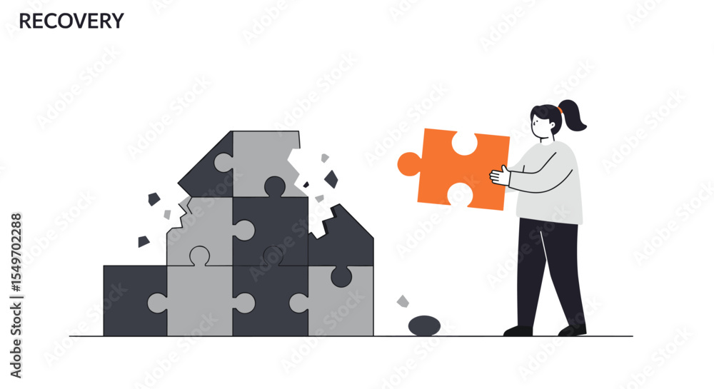 Aufkleber recovery concept with character completing puzzle blocks for design and illustration vector illustra