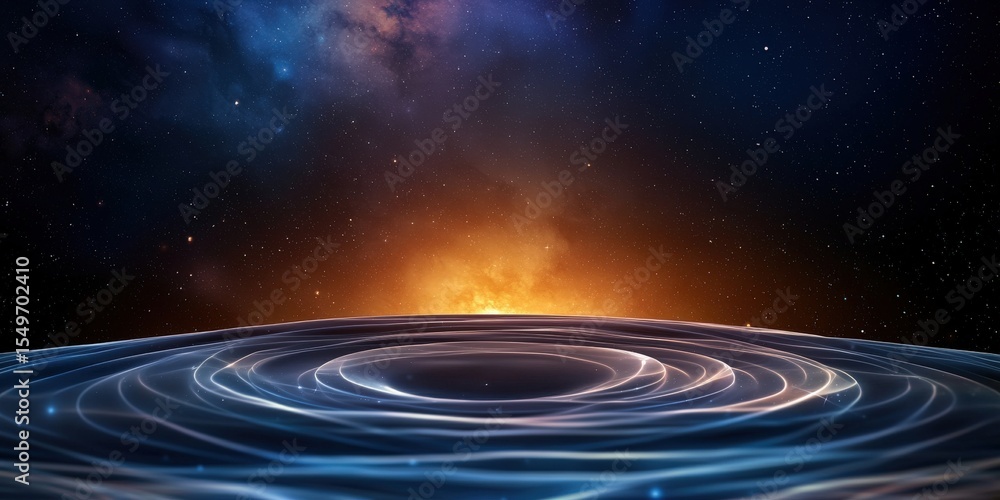 Poster quantum computing superposition concept. cosmic scene with swirling light and starry background.