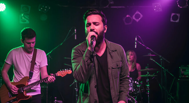 Energetic Indie Rock Band Performing Live on Stage Music Concert