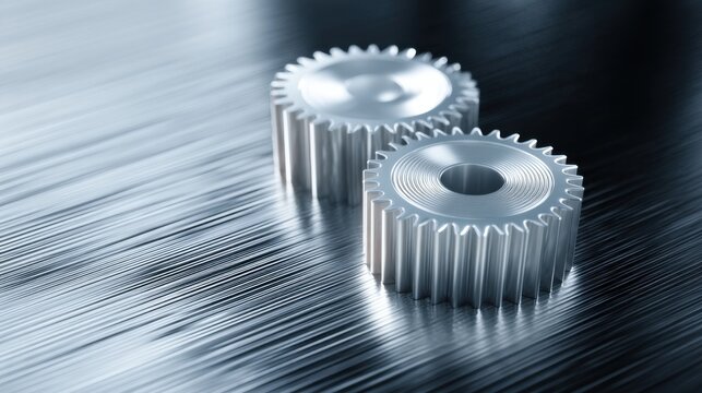 Two metallic gears with tooth-like edges on a sleek, reflective brushed metal surface, showcasing smooth contours, circular holes, and fine parallel lines in cool tones.