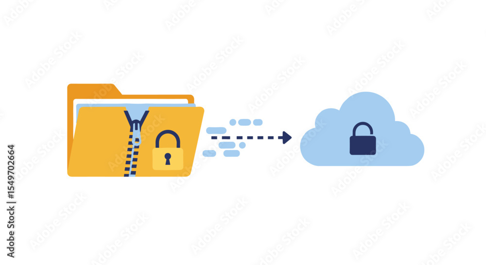 Poster data security conceptual illustration: transferring encrypted files to cloud storage vector illustra