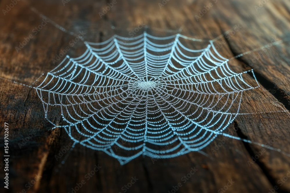 Poster a dew-covered spiderweb rests on a dark, weathered wooden surface, creating a delicate and intricate