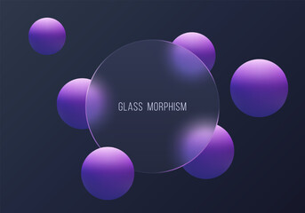Futuristic background with round glass morphism panel and bright purple glowing spheres on dark gradient background.
