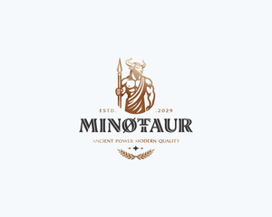 Fototapeta premium Minotaur, a mythical animal, holds an spear in his hand. for sport logo team