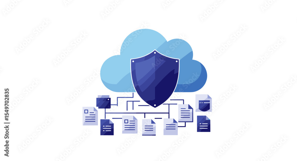 Poster cloud data security concept with shield and document network illustration for technology design vect
