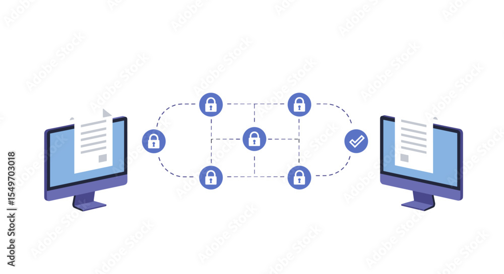 Poster blockchain-based document exchange illustration for secure communication design vector illustration