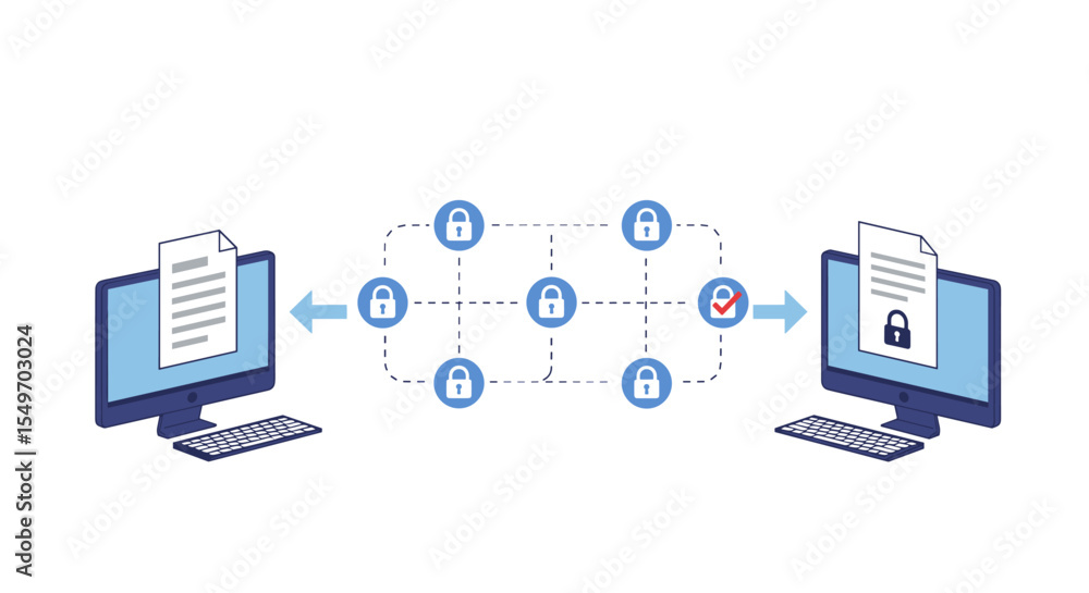 Poster secure data transfer illustration with blockchain security for digital communication design vector i