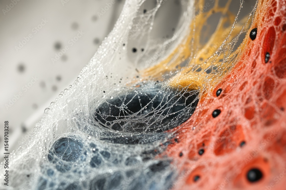 Poster close-up of a spiderweb with dew drops, showcasing intricate patterns and contrasting colors.