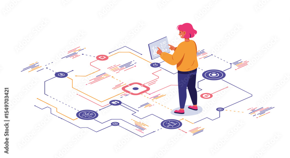 Poster futuristic technology network concept with person analyzing data on digital interface for innovative